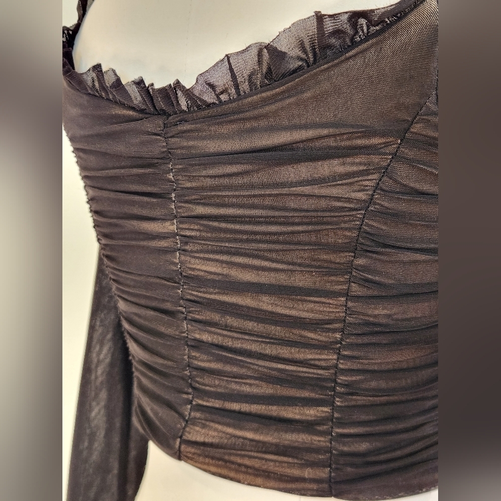 || LUXXEL || Black mesh crop top, lined, v neck, long sleeved, sz small - Picture 5 of 7
